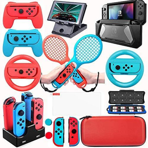 D DACCKIT Accessories Kit Compatible with Nintendo Switch - Including Switch Joy-Con Wheel, Tennis Racket, Joy-Con Charging Dock, Grips, Caps, Compact PlayStand, Game Card Case, Protective Case