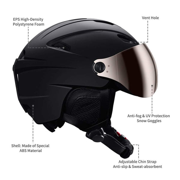 KUYOU Ski Helmet with Visor,Adult Snow Helmet and Goggles Set for Snowmobile, Skiing, Snowboarding, Motorcycle Cycling (Integrated -Black)