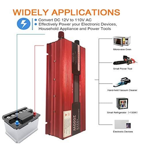 2000W (1000 watts continuous) Power Inverter for Home Car RV with 2 AC Outlets Power Converter 12V DC to 110V AC Inverter (Cigarette lighter adapter for device under 150W)