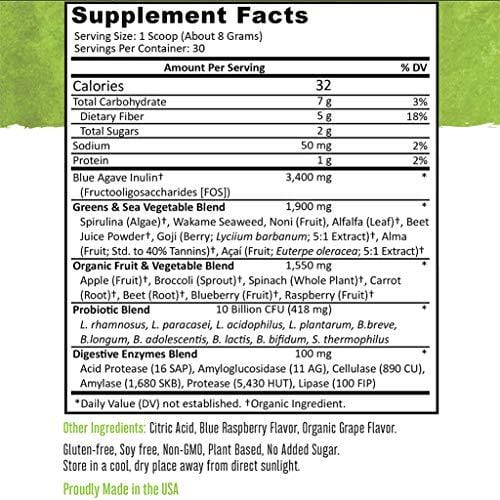 Superfood Greens Powder: Made with Organic Ingredients and 100% Natural Sweeteners, with Spirulina, Alfalfa, Spinach, Acai, Probiotics and Digestive Enzymes, 30 Servings by Nature Plus You