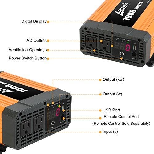 Ampeak 1000W Power Inverter Truck/RV Inverter 12V DC to 110V AC Converter with Dual AC Outlets 2.1A USB Modified Sine Wave Inverter