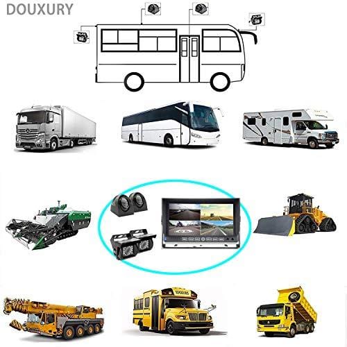Douxury Backup Camera System, 4 Splite Screen 9'' Quad View Display HD Monitor with DVR Recording Function, Waterproof Night Vision Cameras x 4 for Truck Trailer Heavy Box Truck RV Camper Bus