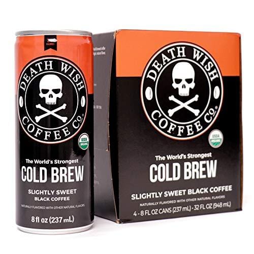 Death Wish Coffee, Cold Brew Cans, The World's Strongest Coffee, Organic Iced Coffee Drink - 8 Ounces - 4 Pack (Slightly Sweetened Black)