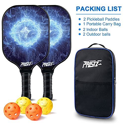 Pickleball Paddles, PHYSIZZ Pickleball Paddle Set of 2 Graphite Surface Pickleball Rackets 4 Pickleball Balls and 1 Carrying Bag, Lightweight Honeycomb Core Polypropylene USAPA Pickleball Raquette Set
