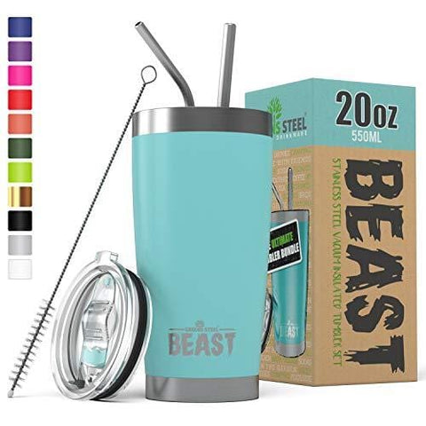 BEAST 20oz Tumbler Insulated Stainless Steel Coffee Cup with Lid, 2 Straws, Brush & Gift Box by Greens Steel (20 oz, Aquamarine Blue)