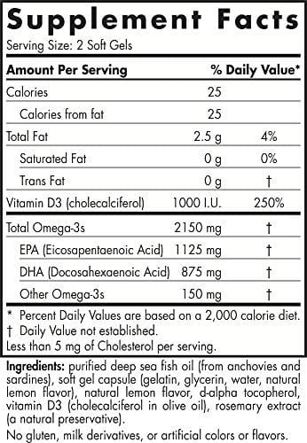 Nordic Naturals ProOmega 2000-D - Fish Oil, 1125 mg EPA, 875 mg DHA, 1000 IU Vitamin D3, High-Intensity Support for Cardiovascular, Neurological, Eye, and Immune Health*, Lemon Flavor, 120 Soft Gels