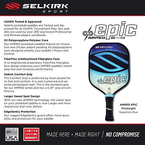 Selkirk Amped Pickleball Paddle - USAPA Approved - X5 Polypropylene Core - FiberFlex Fiberglass Face - 5 Sizes: Epic, S2, Omni, Maxima, and INVIKTA (Epic Midweight - Sapphire Blue)