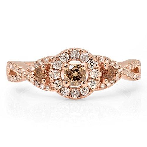 Dazzlingrock Collection 0.50 Carat (ctw) 10K Champagne & White Diamond 3 Stone Engagement Ring 1/2 CT, Rose Gold, Size 7