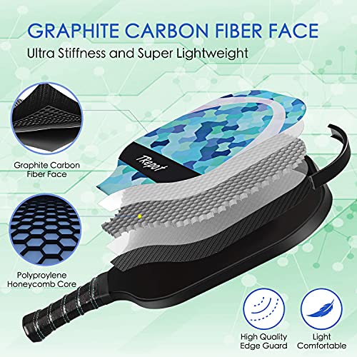 Trepot Pickleball Paddles Set of 2,Graphite Surface Honeycomb Core Polypropylene Lightweight Pickleballs Racket,Includes 4 Pickleball Balls & 2 Protective Cases & 2 Overgrip Rolls (Blue)