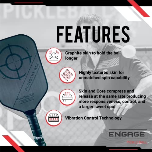 Engage Pursuit MX Graphite Pickleball Paddle – Rough Texture for Long Lasting Spin – Responsive Core for Control and Feel – Standard Grip, Lightweight (7.5-7.8 oz) - USAP Approved