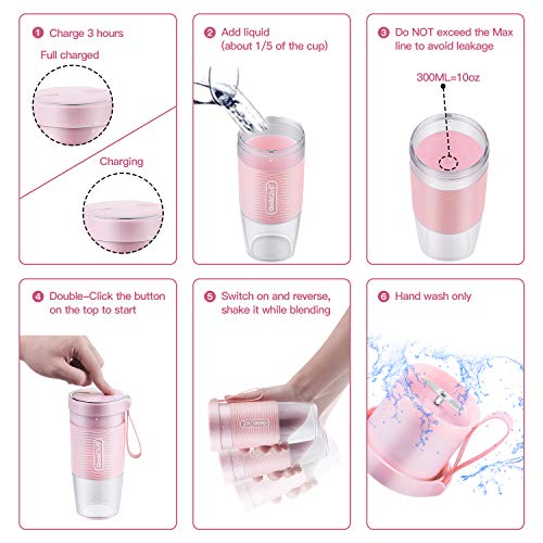 Geek Chef Portable Blender Mini Personal Blender Small Smoothie and Shakes Blender Cordless Small Blender Cup, USB Rechargeable Travel Blender BPA-Free Tritan,10oz/300ml, Pink