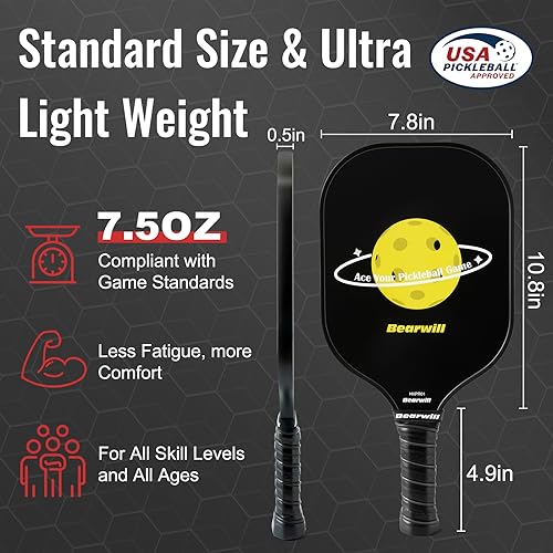 Fiberglass Surface Pickleball Paddles, USAPA Approved Pickleball Paddles Set of 2, Pickleball Set with Pickleball Rackets, 4 Pickleball Balls, Carry Bag, Pickleball Paddle Gifts Bearwill