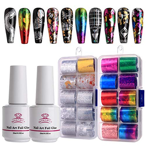 Makartt Nail Art Foil Glue Gel with Starry Sky Star Foil Stickers Set Nail Transfer Tips Manicure Art DIY 15ML, 20PCS (2.5cm100cm) Stickers, UV LED Lamp Required