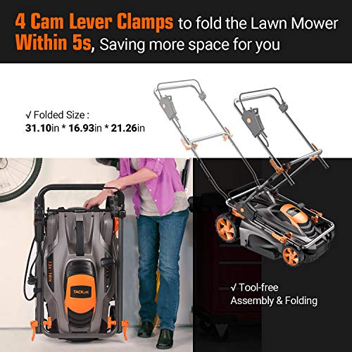 TACKLIFE Lawn Mower, 16-Inch 13-Amp Electric Lawn Mower, 5 Adjustable Mower Heights, Adjustable and Foldable Handlebars, Low Noise, Tool-Free Assembly, 13.2Gal Grass Box - KALM1540A
