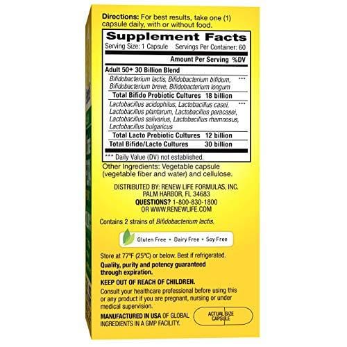 Renew Life Adult 50+ Probiotic - Ultimate Flora Probiotic, Shelf Stable Probiotic Supplement - 30 Billion - 60 Vegetables Capsules (Packaging May Vary)