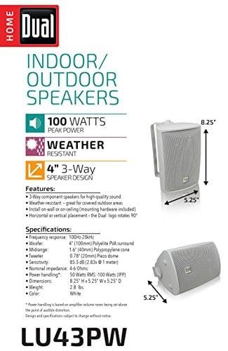 Dual Electronics LU43PW 3-Way High Performance Outdoor Indoor Speakers with Powerful Bass | Effortless Mounting Swivel Brackets | All Weather Resistance | Expansive Stereo Sound Coverage | Sold in Pairs