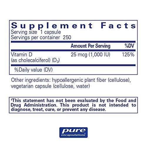 Pure Encapsulations - Vitamin D3 1,000 IU - Hypoallergenic Support for Bone, Breast, Prostate, Cardiovascular, Colon and Immune Health* - 250 Capsules