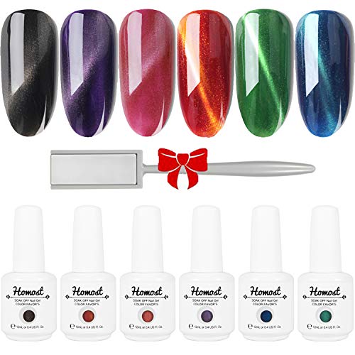 Homost 3D Cat Eye Gel Nail Polish Set, 6 Colors UV LED Gel Nail Polish Kit, Starter Gel Nail Manicure DIY Kit