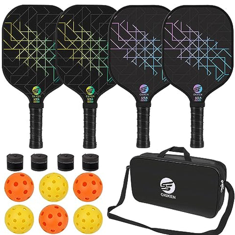 OXIKEN Pickleball Paddles Set of 4, USAPA Approved Carbon Fiber Pickle Ball Paddle (CHS), Polypropylene Honeycomb Core, Anti Slip Sweat Absorbing Grip, 4 Replacement Soft Grip, 6 Pickleball, Bag