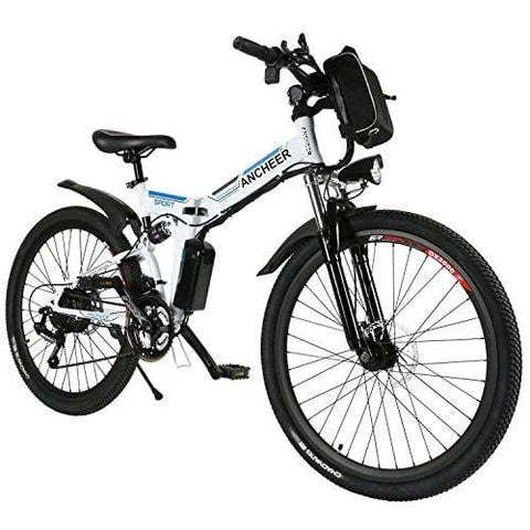 ANCHEER Folding Electric Mountain Bike with 26 Inch Wheel, Large Capacity Lithium-Ion Battery (36V 250W), Premium Full Suspension and Shimano Gear (Black) (White)