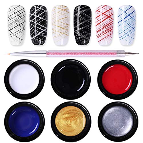 NICOLE DIARY 6 Colors Spider Nail Gel Nail Polish UV/LED Gel Nail Art Wire Drawing Gel Graffiti Painting Gel Varnish with Painting Dotting Pen Gel Nail Polish DIY Design Tool