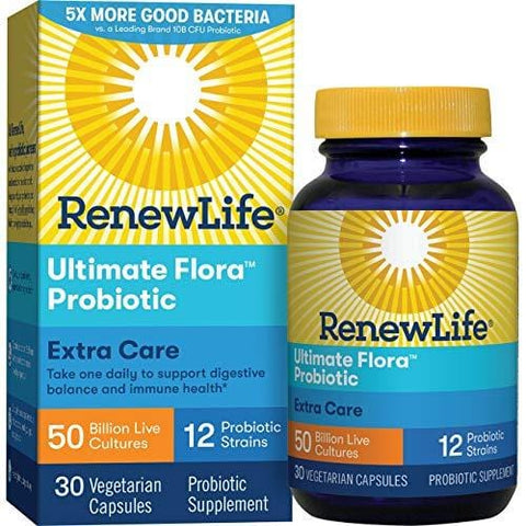 Renew Life Adult Probiotic - Ultimate Flora Probiotic Extra Care, Shelf Stable Probiotic Supplement - 50 billion - 30 Vegetable Capsules (Packaging May Vary)