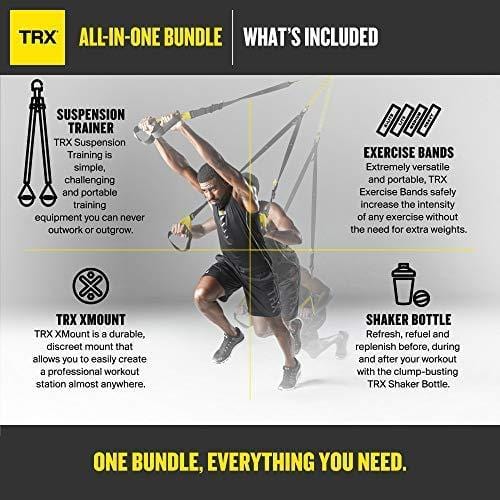 TRX All In One Home Gym Bundle: Includes All-In-One Suspension Trainer, Indoor & Outdoor Anchors, TRX XMount Wall Anchor, 4 Exercise Bands & Shaker Bottle