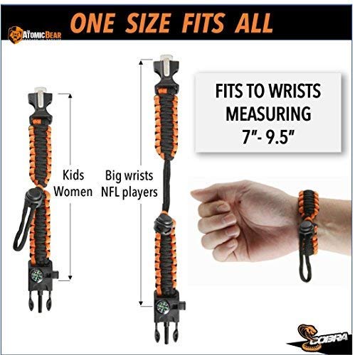 Atomic Bear Paracord Bracelet (2 Pack) - Adjustable Size - Fire Starter - Loud Whistle - Emergency Knife - Perfect for Hiking, Camping, Fishing and Hunting - Black & Black+Orange