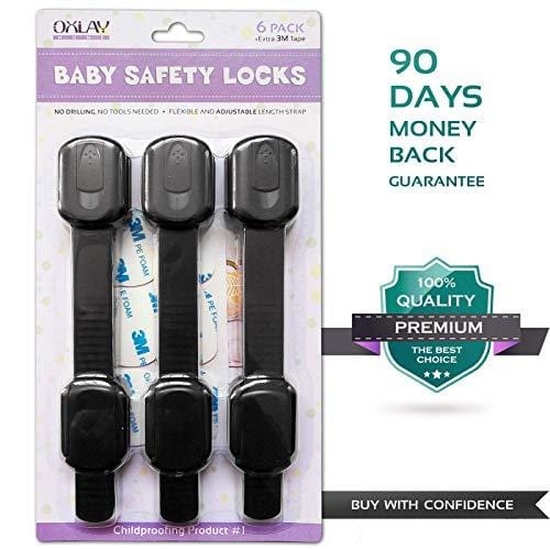 Baby Proofing Safety Cabinet Locks - Child Proof Latches for Dresser Drawer Cupboard Doors Closet Oven Refrigerator Fridge - Adjustable Childproof Straps by Oxlay - Black - 6 Pcs