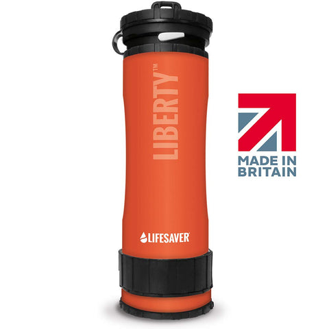 LIFESAVER Liberty Water Purifier Bottle - Dual Stage Purifier Water Bottle with Inline Pump - Perfect for Camping, Hiking, Emergency Preparedness and Survival Kits (Blue) (Orange)