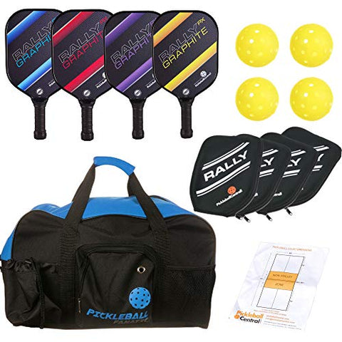 Rally PX Graphite Pickleball Paddle Set for 4 Players (4 Paddles (1 Each Color), 4 Outdoor Pickleballs, 4 Paddle Covers, Duffel, Rules/Strategy Guide)