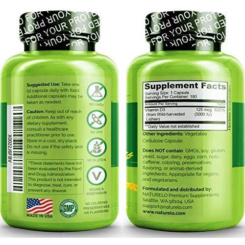 NATURELO Vitamin D - 5000 IU - Plant Based - from Lichen - Best Natural D3 Supplement for Immune System, Bone Support, Joint Health - Whole Food - Vegan - Non-GMO - Gluten Free - 180 Capsules