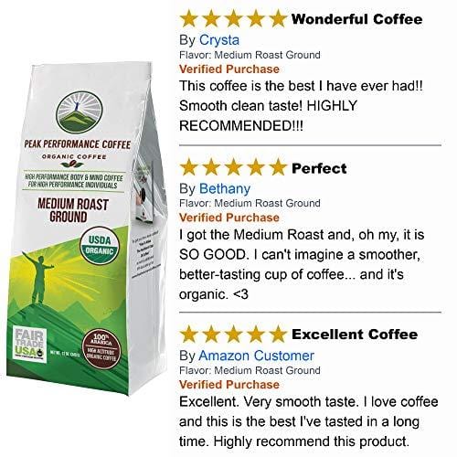 Peak Performance High Altitude Organic Coffee. No Pesticides, Fair Trade, Non GMO, And Beans Full Of Antioxidants! Medium Roast Low Acid Smooth Tasting USDA Certified Organic Ground Coffee 12oz Bag