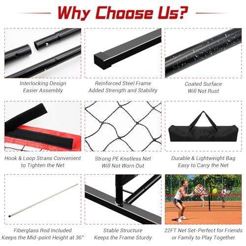 Pickleball Net Set - Portable Pickleball Net System, Steady Metal Frame, 22FT Regular Size, 4 Pickleball Paddles & 4 Balls, 1 Carry Bag, Pickleball Set for Indoor Outdoor Play