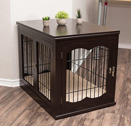Internet's Best Decorative Dog Kennel with Pet Bed | Double Door | Wooden Wire Dog House | Large Indoor Pet Crate Side Table | Espresso