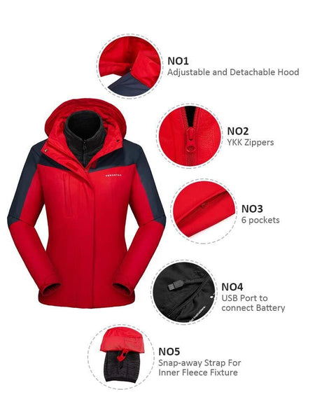 Venustas [2019 New] Women's 3-in-1 Heated Jacket with Battery Pack, Ski Jacket Winter Jacket with Removable Hood Waterproof Red