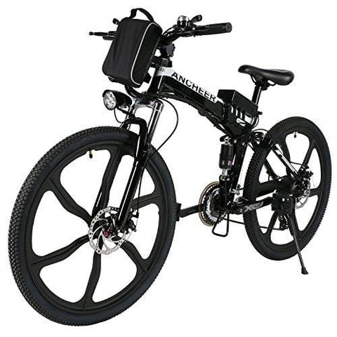 ANCHEER Folding Electric Mountain Bike, 26'' Electric Bike with 36V 8Ah Lithium-Ion Battery, Shimano 21 Speed Shifter (Folding Integrated Wheels-Black) (Black)