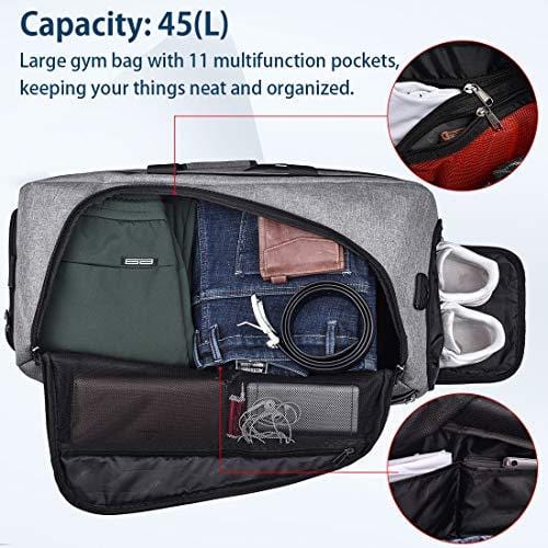 Gym Bag Sports Duffle Bag with Shoes Compartment Waterproof Large Travel Duffel Bags Weekender Overnight Bag for Men Women 45L Grey