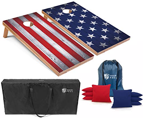Tailgating Pros Stars and Stripes Cornhole Boards w/Bean Bags - 4'x2' Patriotic Corn Hole Game w/Carrying Case & Bags (Red/Royal All Weather, 4'x2' Boards w/LED Ring Lights)