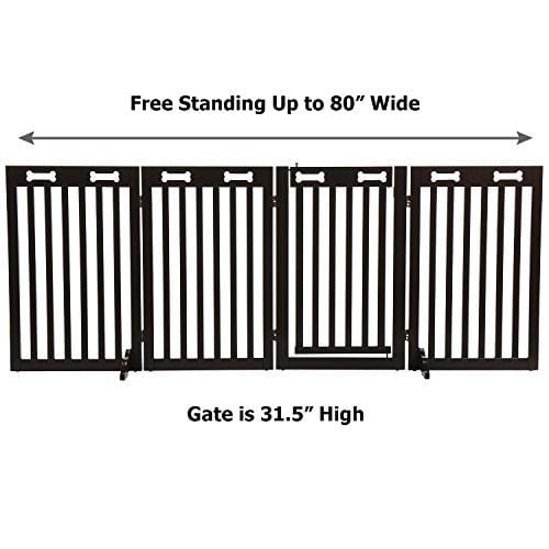 Arf Pets Free Standing Wood Dog Gate with Walk Through Door, Expands Up to 80" Wide, 31.5" High - Bonus Set of Foot Supporters Included - Upgraded 2019 Stronger Model