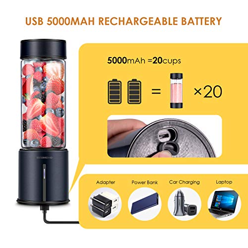 REDMOND Portable Blender 5000mAh USB Rechargeable Smoothie Blender with 16oz Glass Bottle Stainless Steel Shell for Smoothie Milk Shake Mini Travel Size - Black