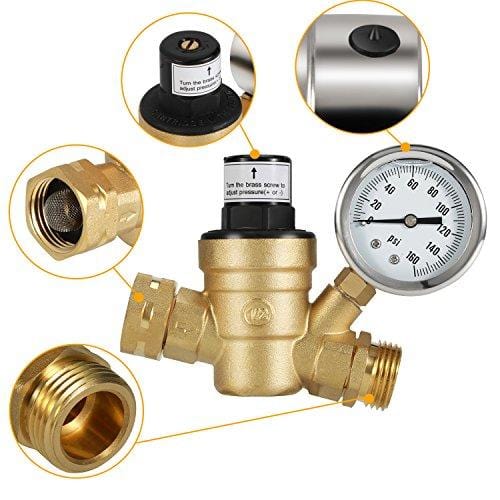 Kohree Water Pressure Regulator Valve, Brass Lead-Free Adjustable Water Pressure Reducer with Gauge for RV Camper, and Inlet Screened Filter