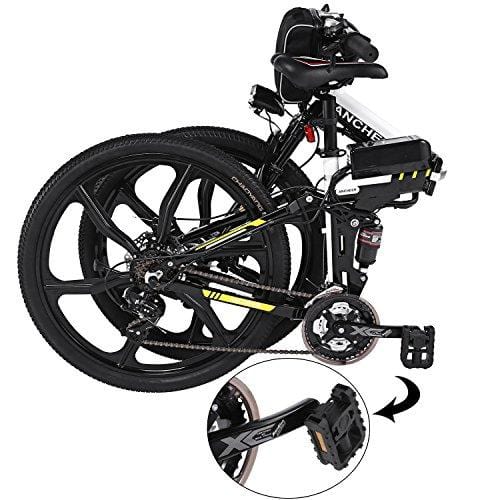 ANCHEER Folding Electric Mountain Bike with 26" Super Lightweight Magnesium Alloy 6 Spokes Integrated Wheel, Premium Full Suspension and Shimano 21 Speed Gear