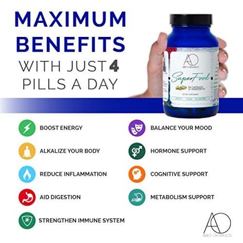 Organic Green Superfood Capsules | Promotes Energy, Focus, Alkalinity, Detox & Immune Strength | Greens Powder with Spirulina, Chlorella, Ashwaganda, Turmeric, Acai, Maca and more | 124 Vegan Capsules