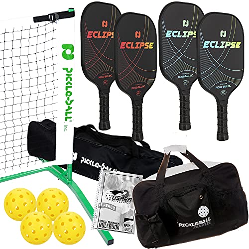 Champion Eclipse Graphite Complete Pickleball Set | Includes 3.0 Portable Net System + 4 Graphite Pickleball Paddles + 4 Outdoor Pickleballs + Pickleball Duffel Bag + USAPA Rulebook
