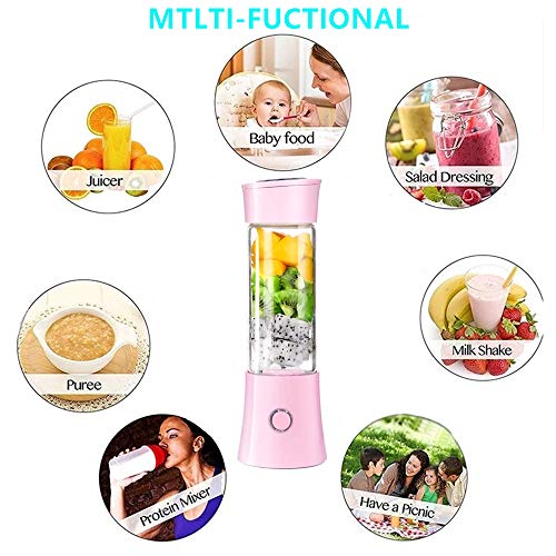 Portable Blender, Smoothie Blender with 16oz Travel Glass Cup and Lid 4000mAh Battery 7.4V Strong Power Personal Size Blender USB Rechargeable Mini Juicer Cup Travel Blender for Shakes and Smoothies with Stainless Steel 6 Blades BPA Free Pink