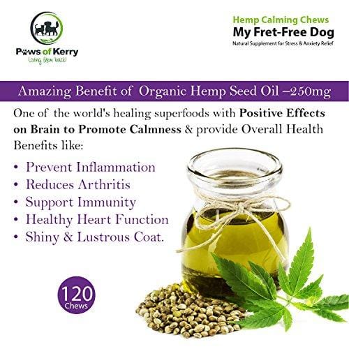 Paws of Kerry #1 Calming Treats for Dogs Anxiety, Natural Relief from Separation Anxiety, Organic Hemp Oil Soft Chews & Calm Aid for Motion Sickness, Storms, L-Tryptophan & Organic Chamomile |120 Soft