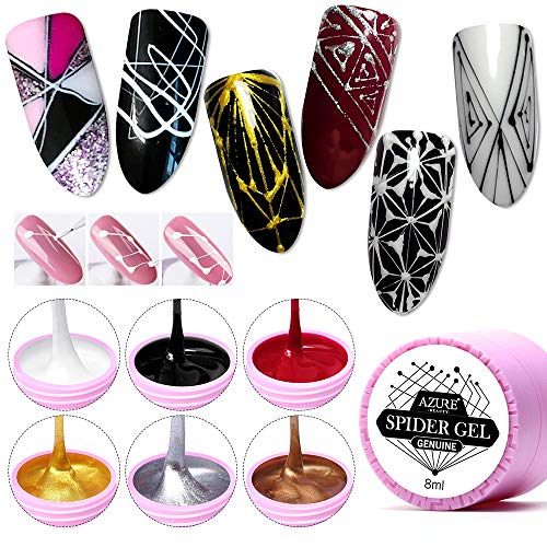 AZUREBEAUTY 6 Colors Spider Gel,Matrix Gel with Gel Paint Design Nail Art Wire Drawing Nail Gel for Line,Require LED UV Nail Dryer Lamp(White Black Red Gold Silver Champagne)