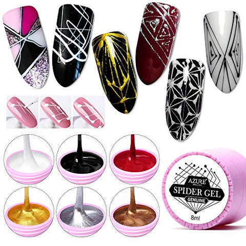 AZUREBEAUTY 6 Colors Spider Gel,Matrix Gel with Gel Paint Design Nail Art Wire Drawing Nail Gel for Line,Require LED UV Nail Dryer Lamp(White Black Red Gold Silver Champagne)