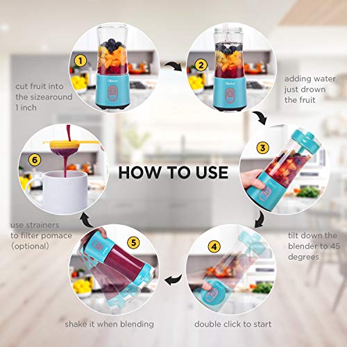 Portable Blender, Olivivi 2020 Multifunctional Personal Blender Mini Smoothie Blender 6 Powerful Blades, 4000mAh Rechargeable USB Juicer Cup Bottle with strainer Cleaning Brush for Travel BPA Free Blue